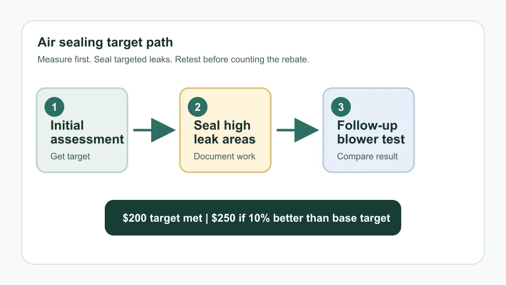 Air sealing rebate target path from assessment to retest and claim