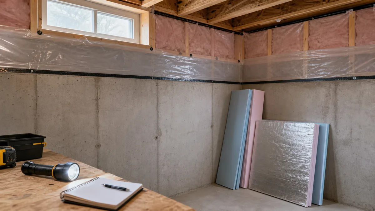 Basement foundation wall inspection scene before insulation and rebate documentation