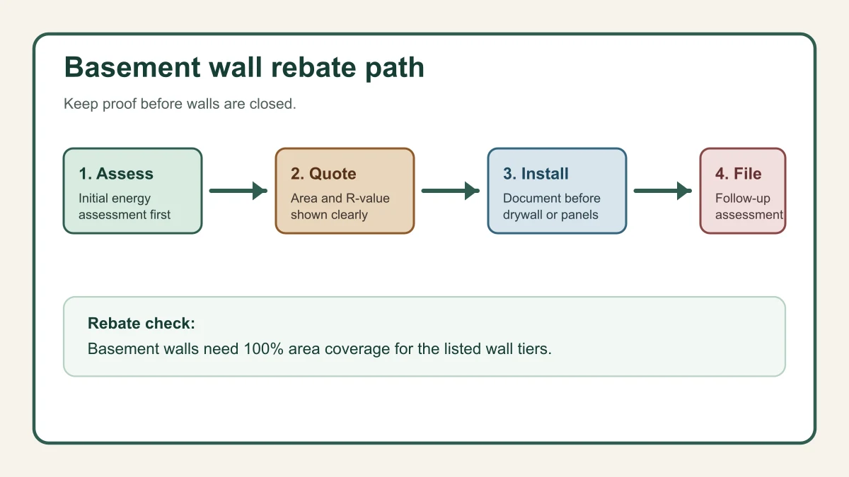 Infographic showing the basement wall insulation rebate assessment and documentation path