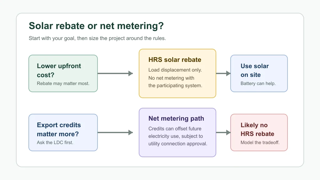 Decision flow comparing the Ontario solar rebate load-displacement path with net metering.