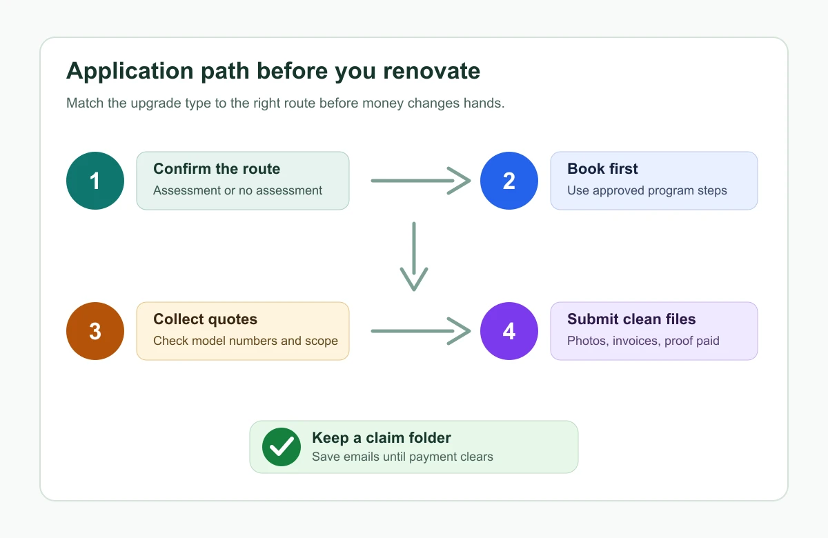 Flowchart showing the Home Renovation Savings application path from route check to claim folder
