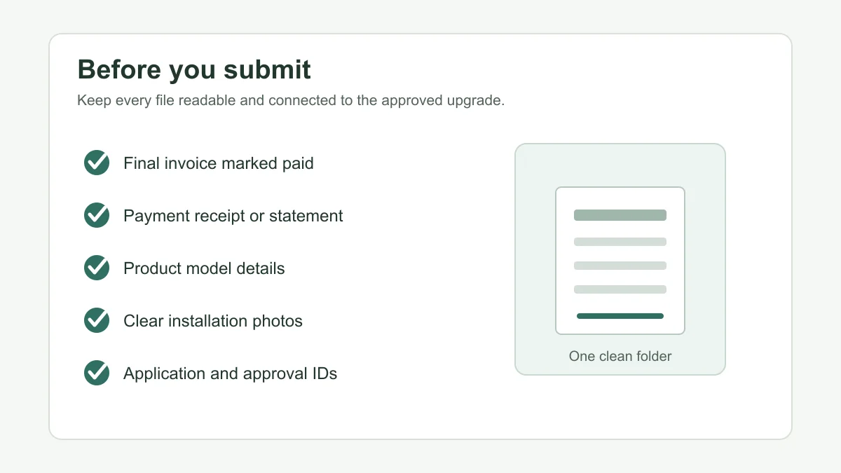 Checklist of documents to review before submitting Home Renovation Savings proof of payment