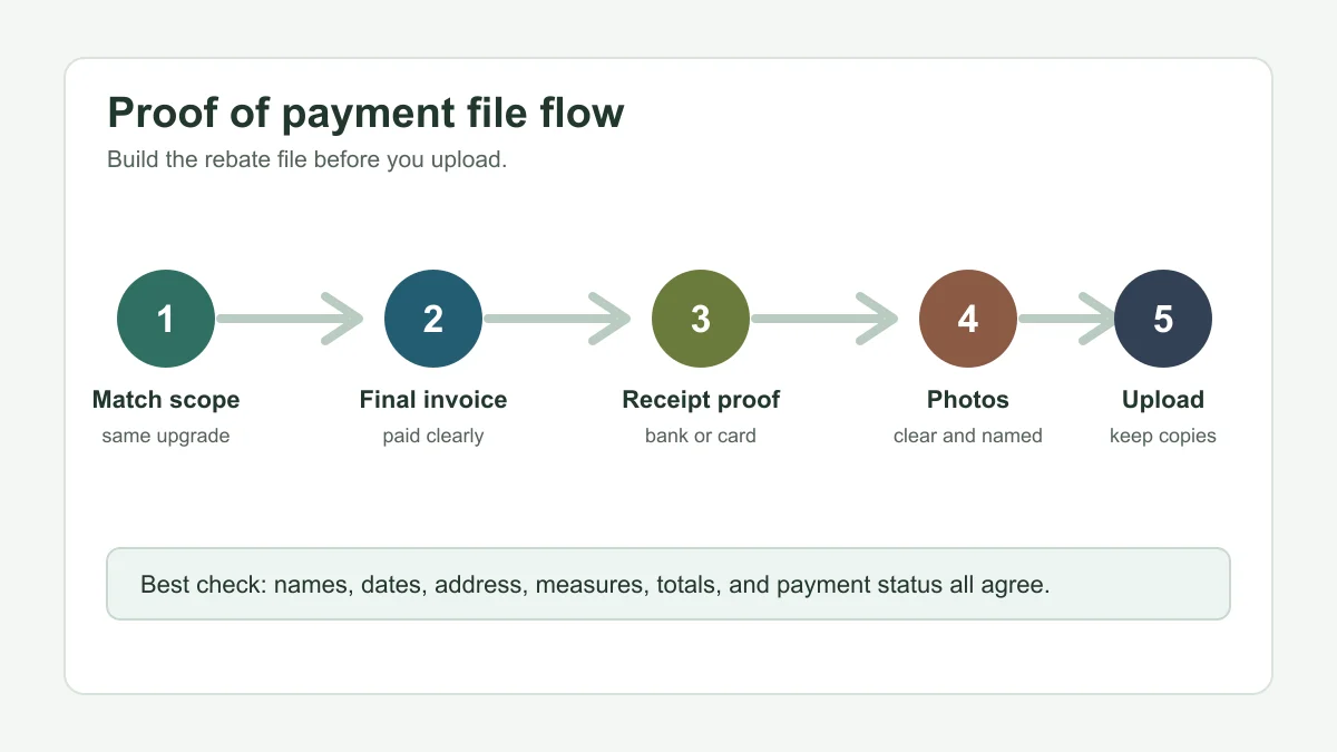 Flowchart showing how to organize Home Renovation Savings invoice and payment proof documents
