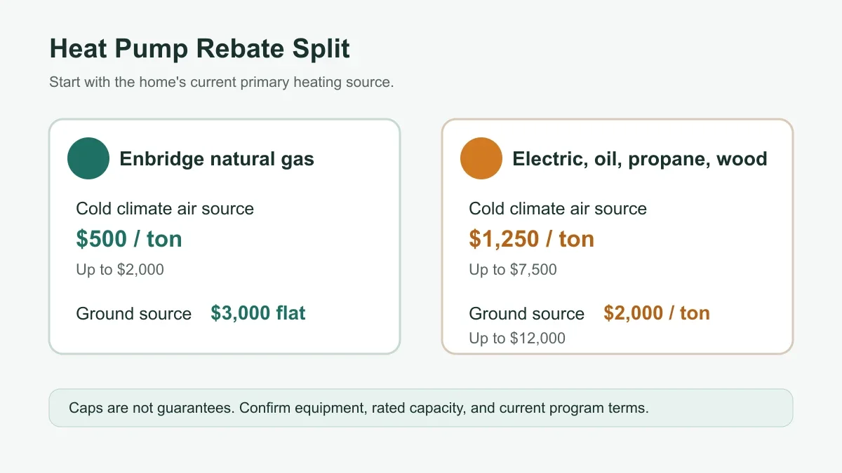 Infographic comparing Ontario heat pump rebate amounts for gas homes and electric oil propane or wood homes