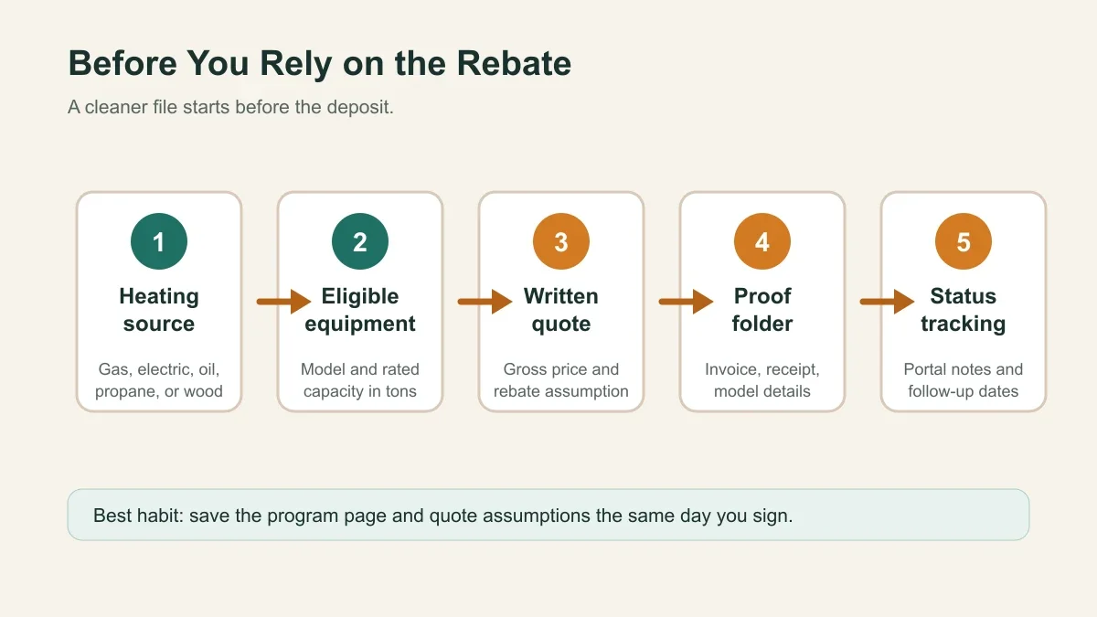 Checklist graphic showing heat pump rebate paperwork steps before relying on the rebate