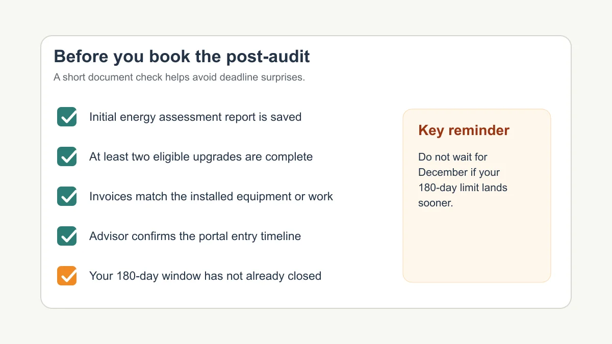 Checklist for documents and timing before booking a Home Renovation Savings post-retrofit assessment