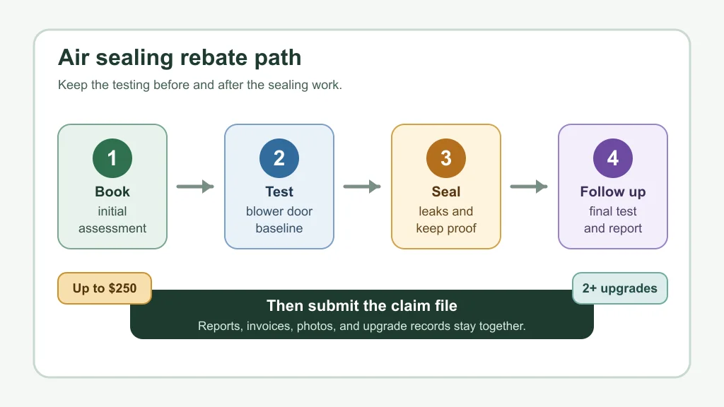 Five step air sealing rebate path from initial assessment to final claim file