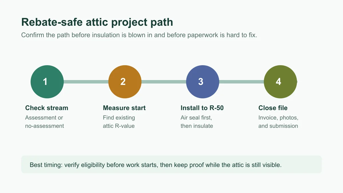 Four-step attic insulation rebate path from program check to submission
