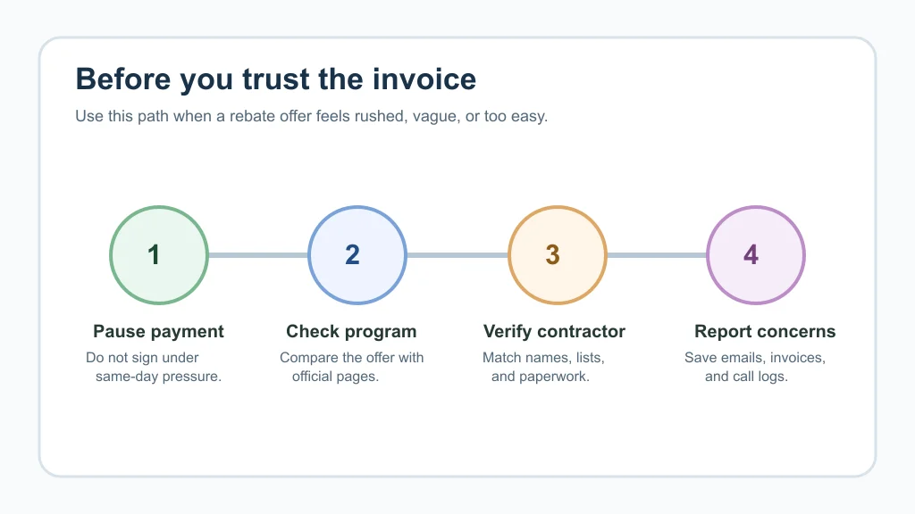 Four-step verification flow for Ontario rebate contractor invoices