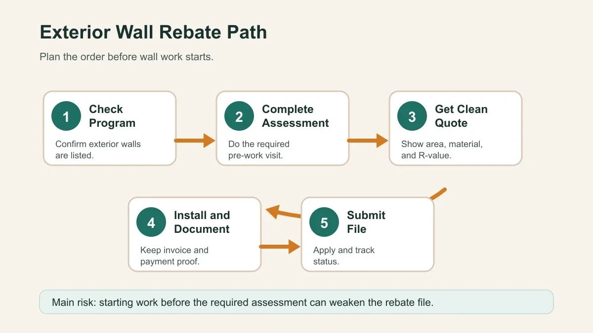 Flowchart showing the exterior wall insulation rebate path from program check to submission