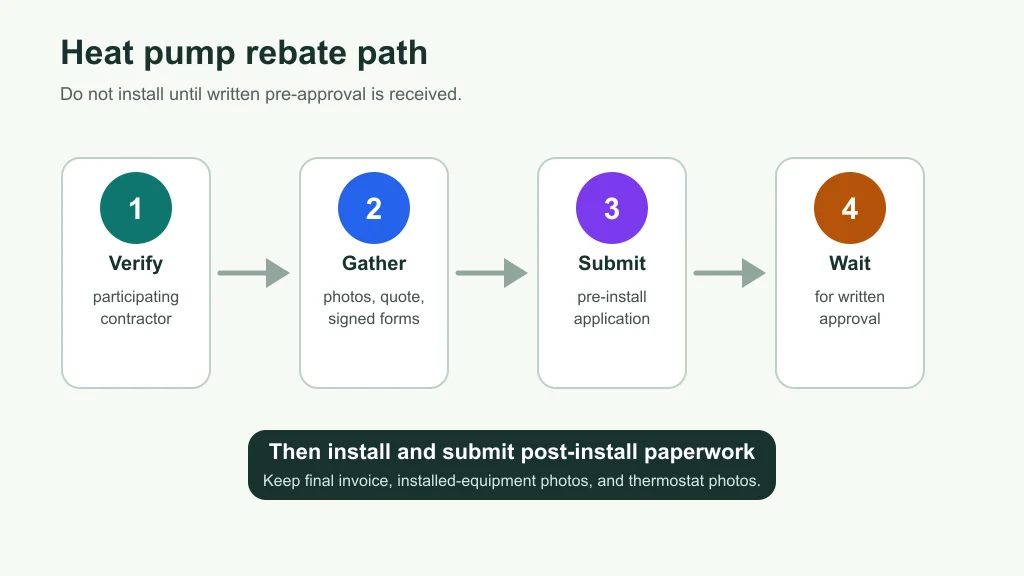 Infographic showing the heat pump rebate pre-approval path from contractor verification to post-installation paperwork
