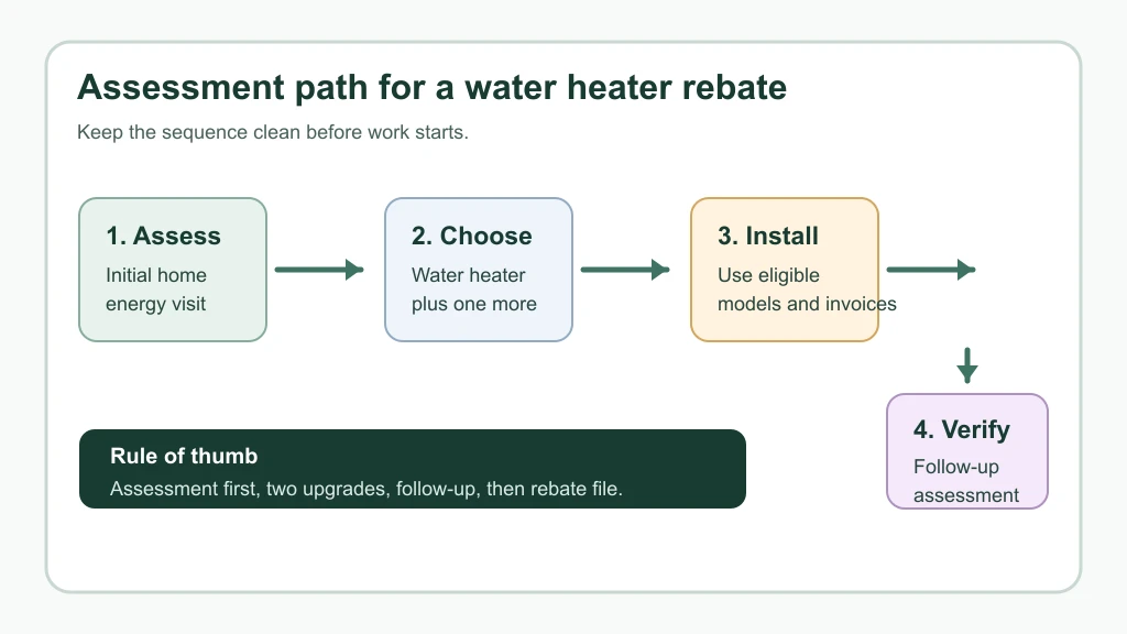Assessment path infographic for an Ontario heat pump water heater rebate