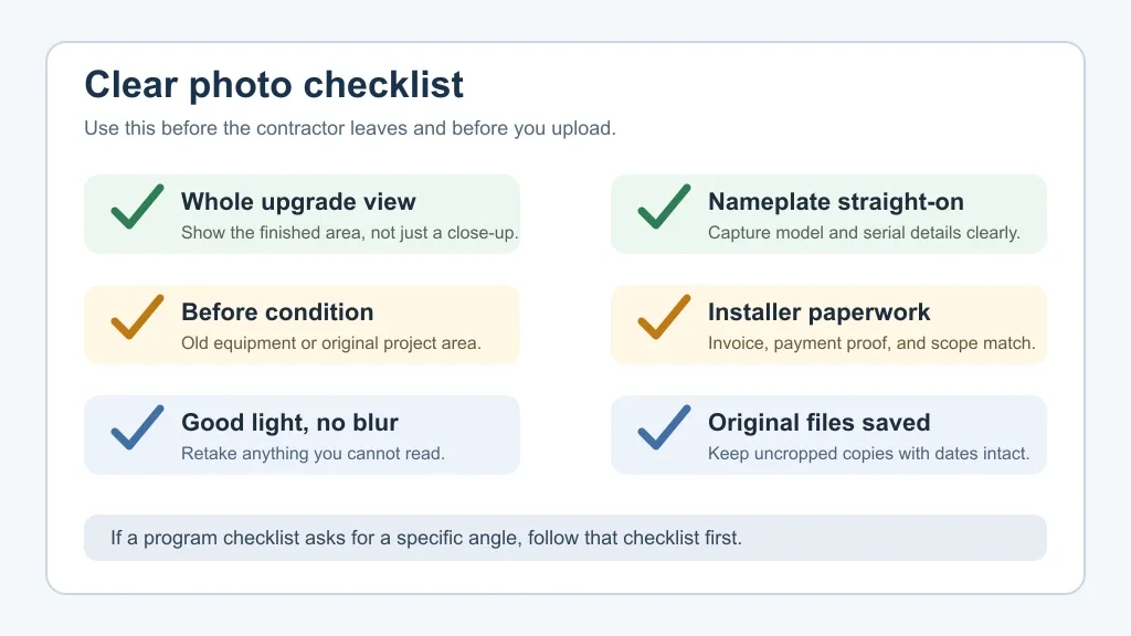 Checklist graphic for clear Ontario rebate photo evidence