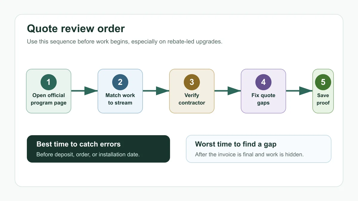 Flowchart showing the order for reviewing an Ontario rebate contractor quote before installation