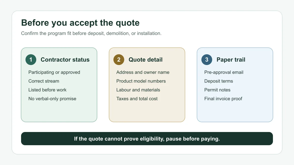 Checklist showing contractor status, quote detail, and paperwork checks before rebate work starts