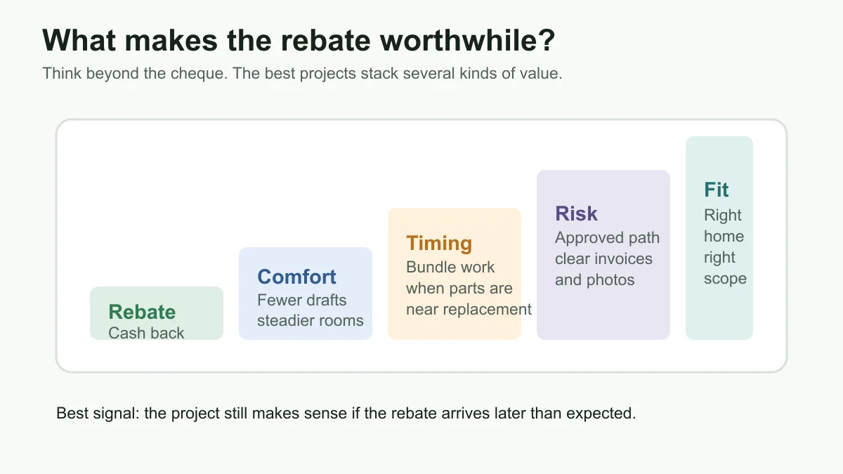 Value stack showing rebate, comfort, timing, risk, and project fit for Ontario renovations