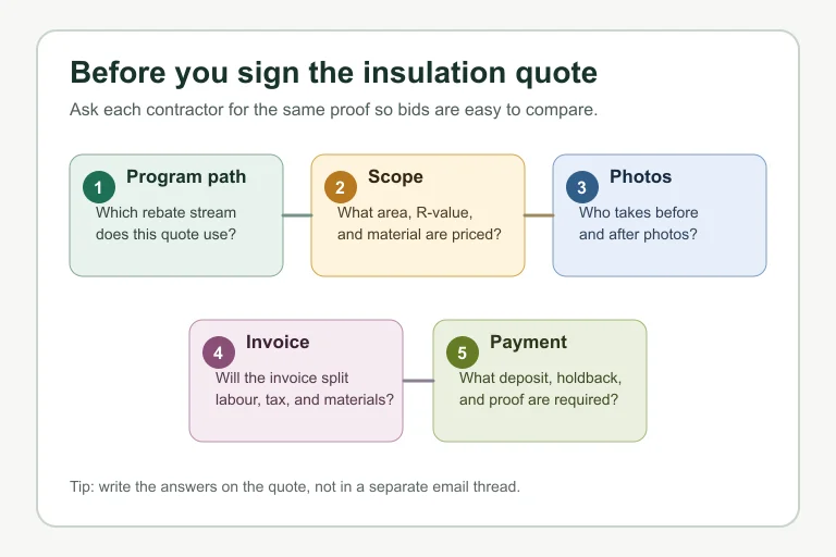 Infographic mapping five insulation rebate quote questions about path, scope, photos, invoice, and payment