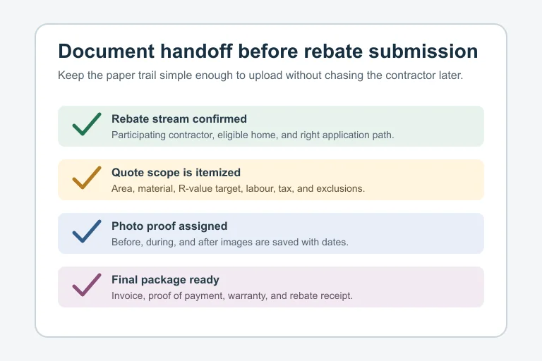 Checklist infographic showing documents to collect before an insulation rebate submission