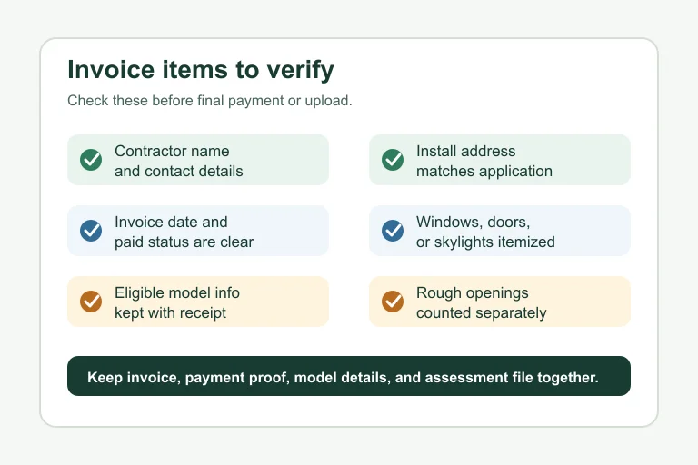 Checklist graphic showing contractor invoice fields to verify for an Ontario window rebate