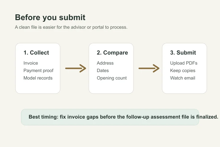Three-step flow for collecting, comparing, and submitting Ontario window rebate documents