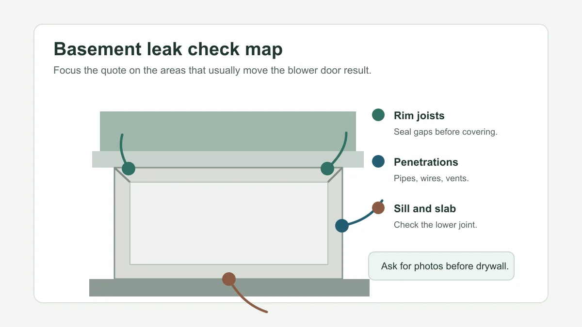 Basement air leak map showing rim joists penetrations and sill areas