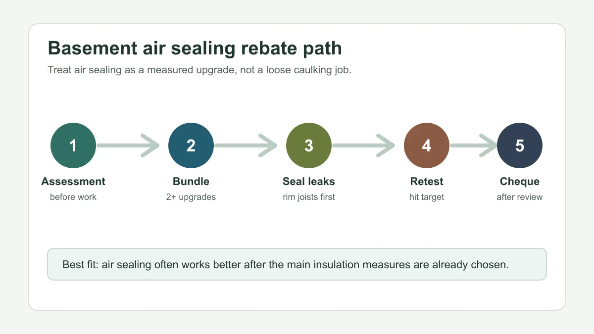 Five-step Ontario basement air sealing rebate path from assessment to cheque