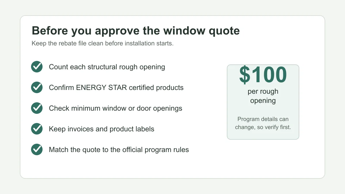 Checklist for verifying Ontario window rebate rough opening paperwork before installation