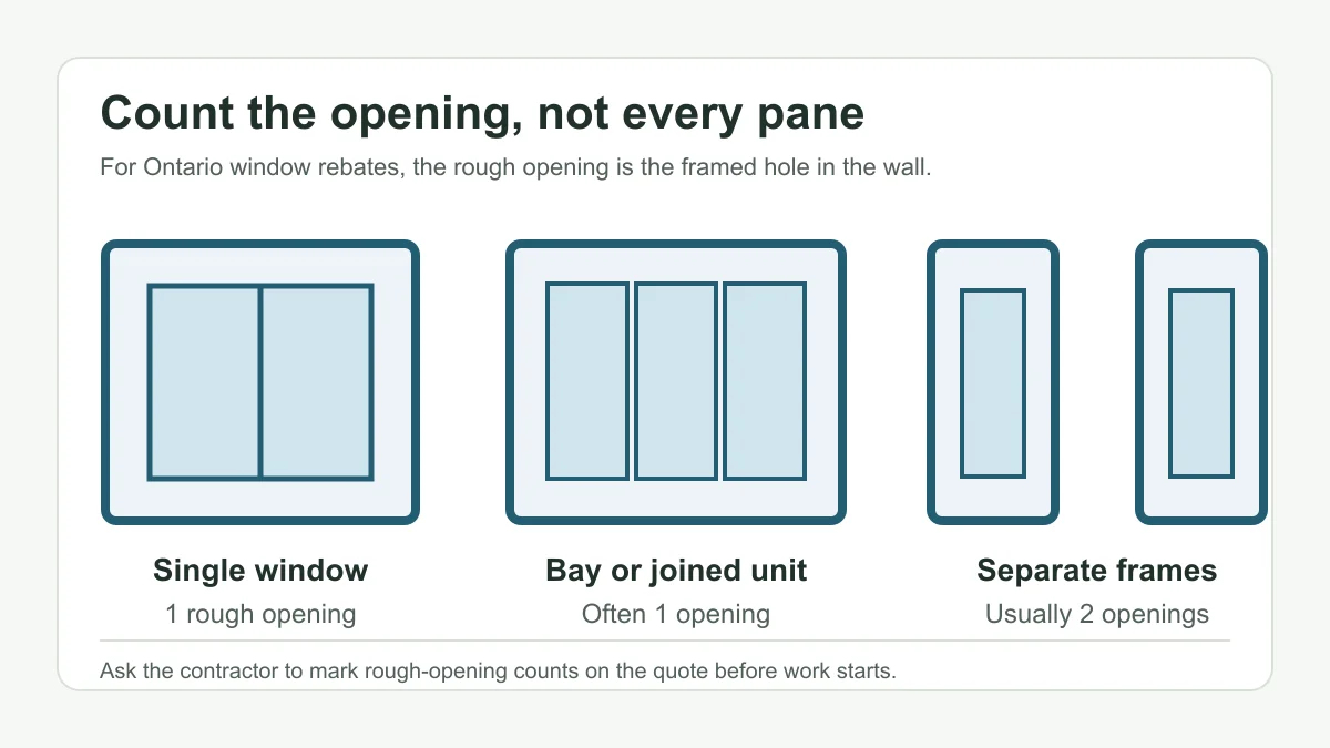 Infographic showing how Ontario window rebates count rough openings rather than panes